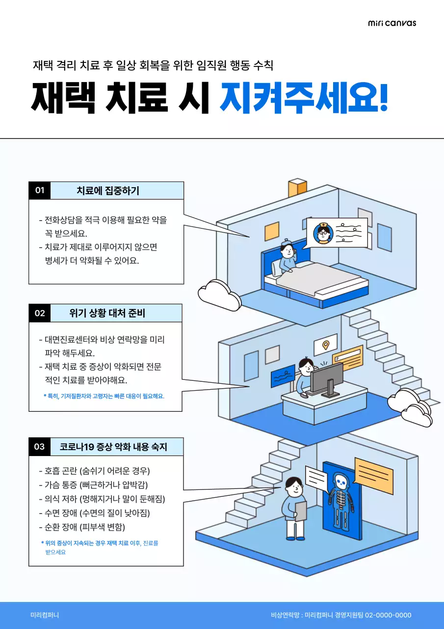파랑색과 노랑색의 라인 아이소매트릭 일러스트 재택치료수칙