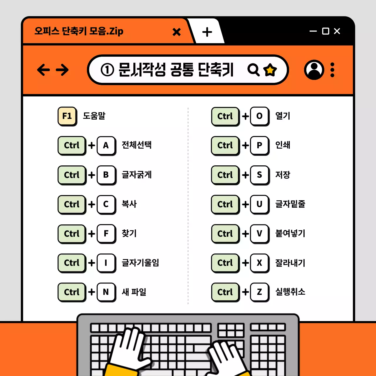 주황색과 회색 일러스트 컨셉의 업무용 오피스 단축키 모음