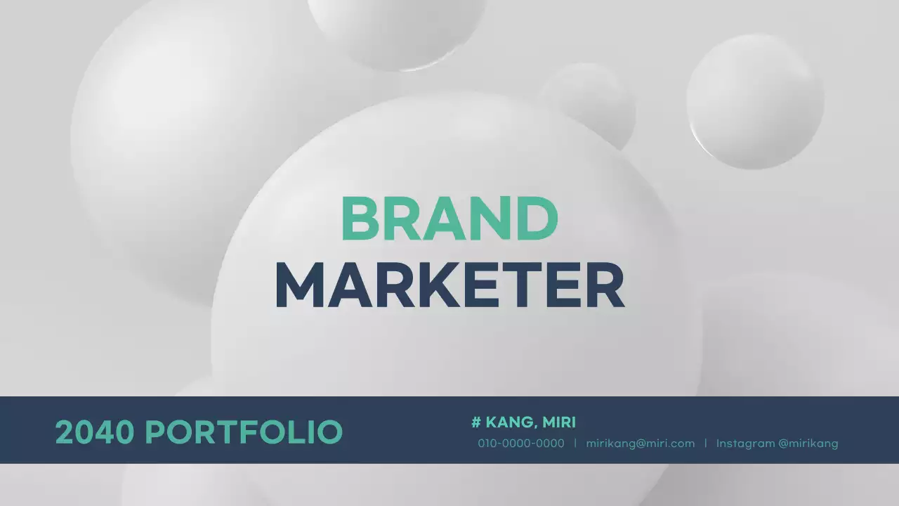 민트와 남색의 3D 이미지가 있는 심플한 마케터 포트폴리오