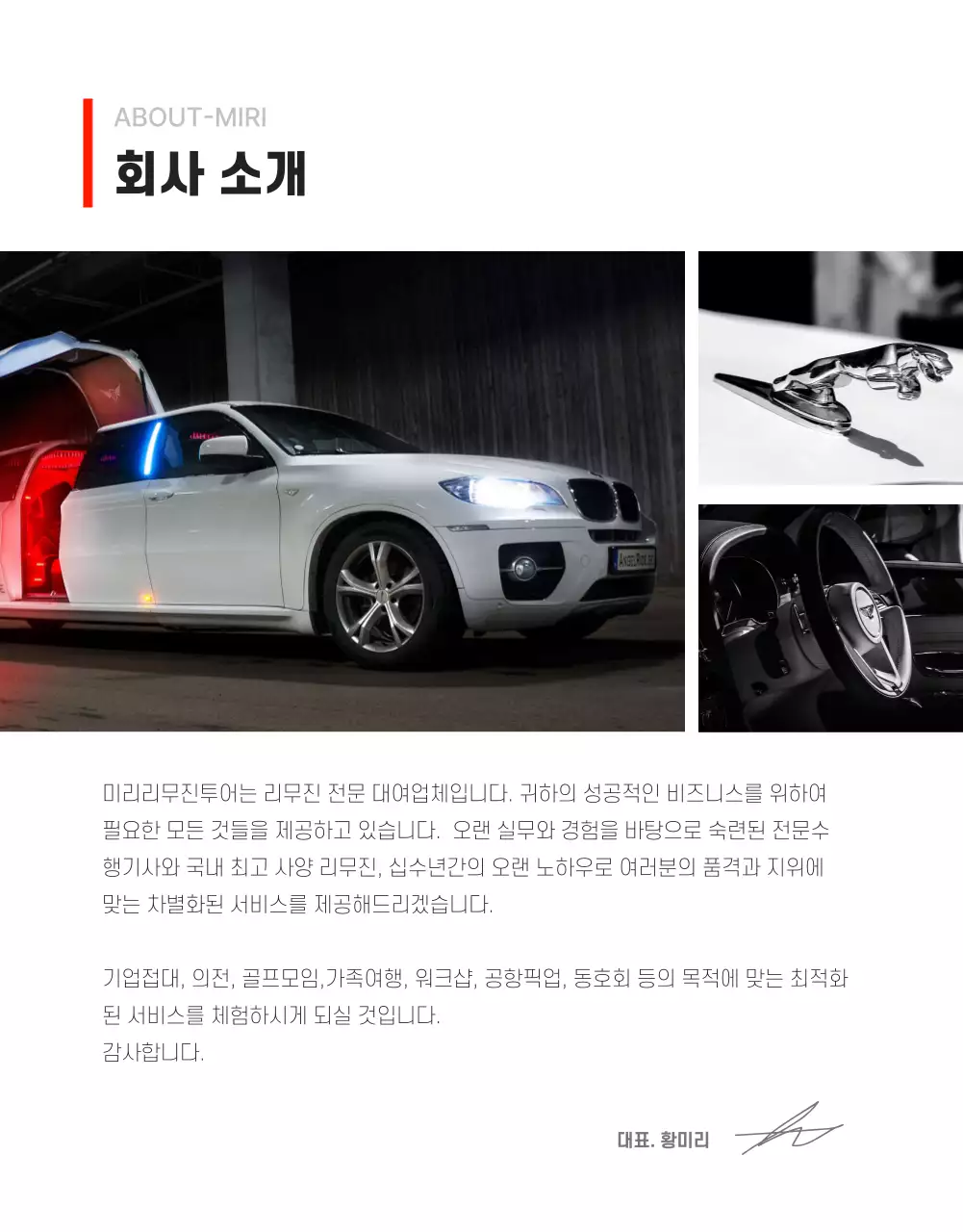 레드포인트컬러의 심플한 리무진 프로모션 상세페이지