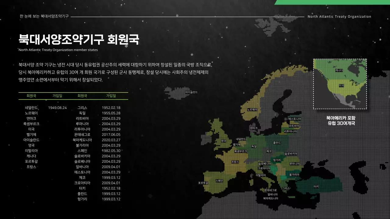 블랙 그린 컬러가 돋보이는 북대서양조약기구 NATO 