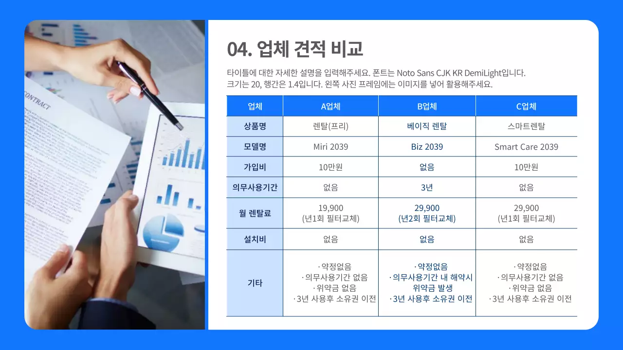 블루와 화이트의 깔끔한 정수기 렌탈 서비스 견적 보고서