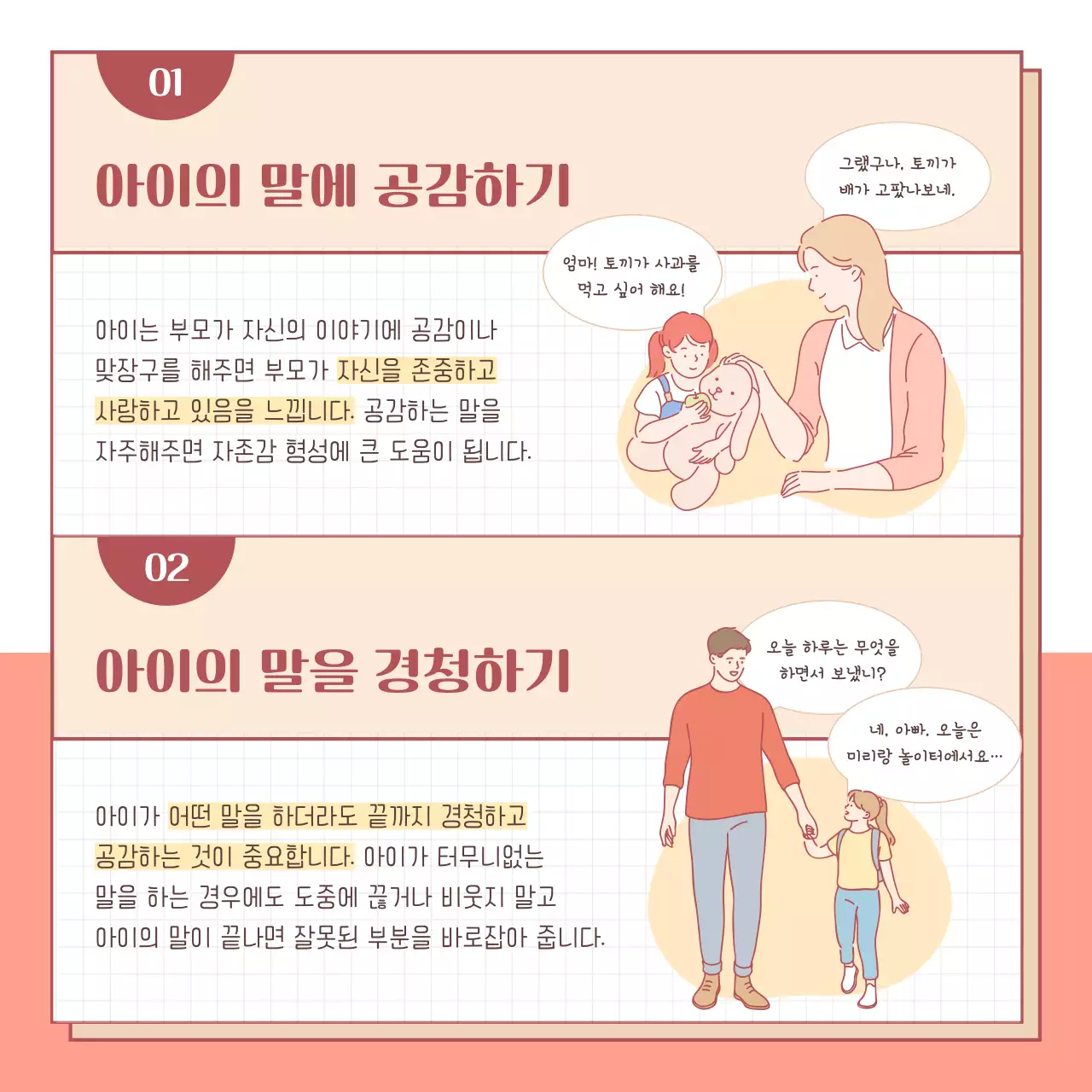 가족 일러스트 책자컨셉의 부모와 아이의 올바른 대화법