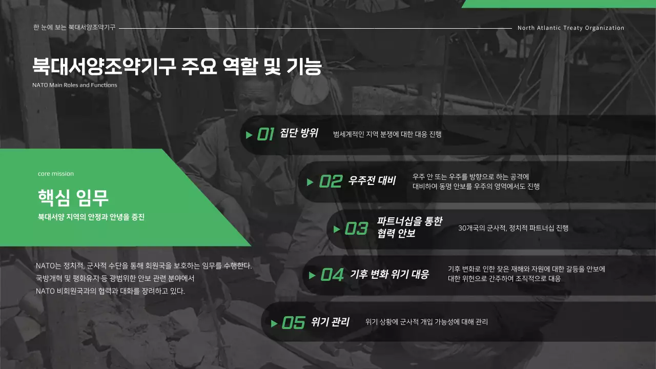 블랙 그린 컬러가 돋보이는 북대서양조약기구 NATO 