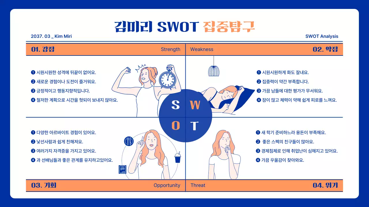 파란색과 주황색의 자기소개 swot  집중 탐구