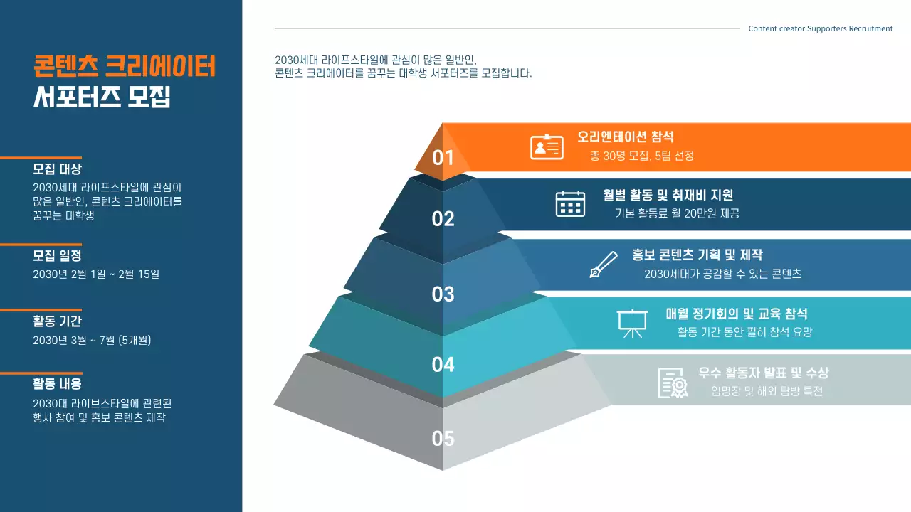 네이비 색상의 서포터즈 모집 아젠다