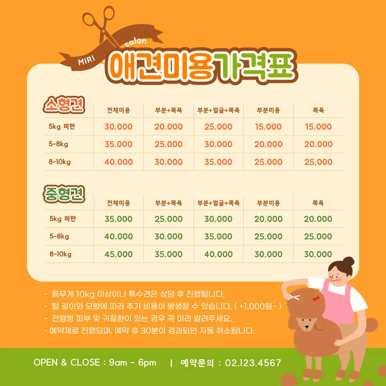 노란색과 초록색의 귀여운 애견 미용 홍보