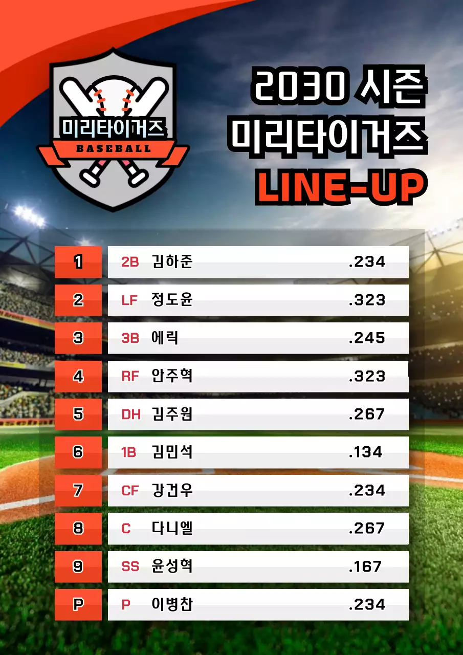주황색의 야구 선발 라인업 리스트