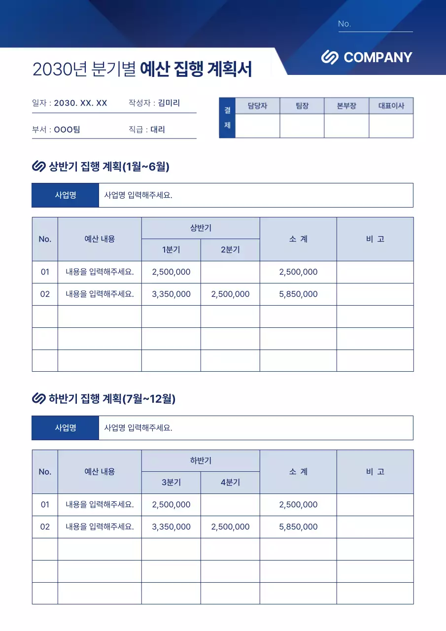 파란색 그래픽 스타일의 분기별 예산 집행 계획서