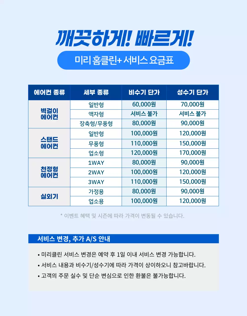 블루 컬러의 깔끔하고 전문적인 에어컨 청소 서비스(상세 페이지)