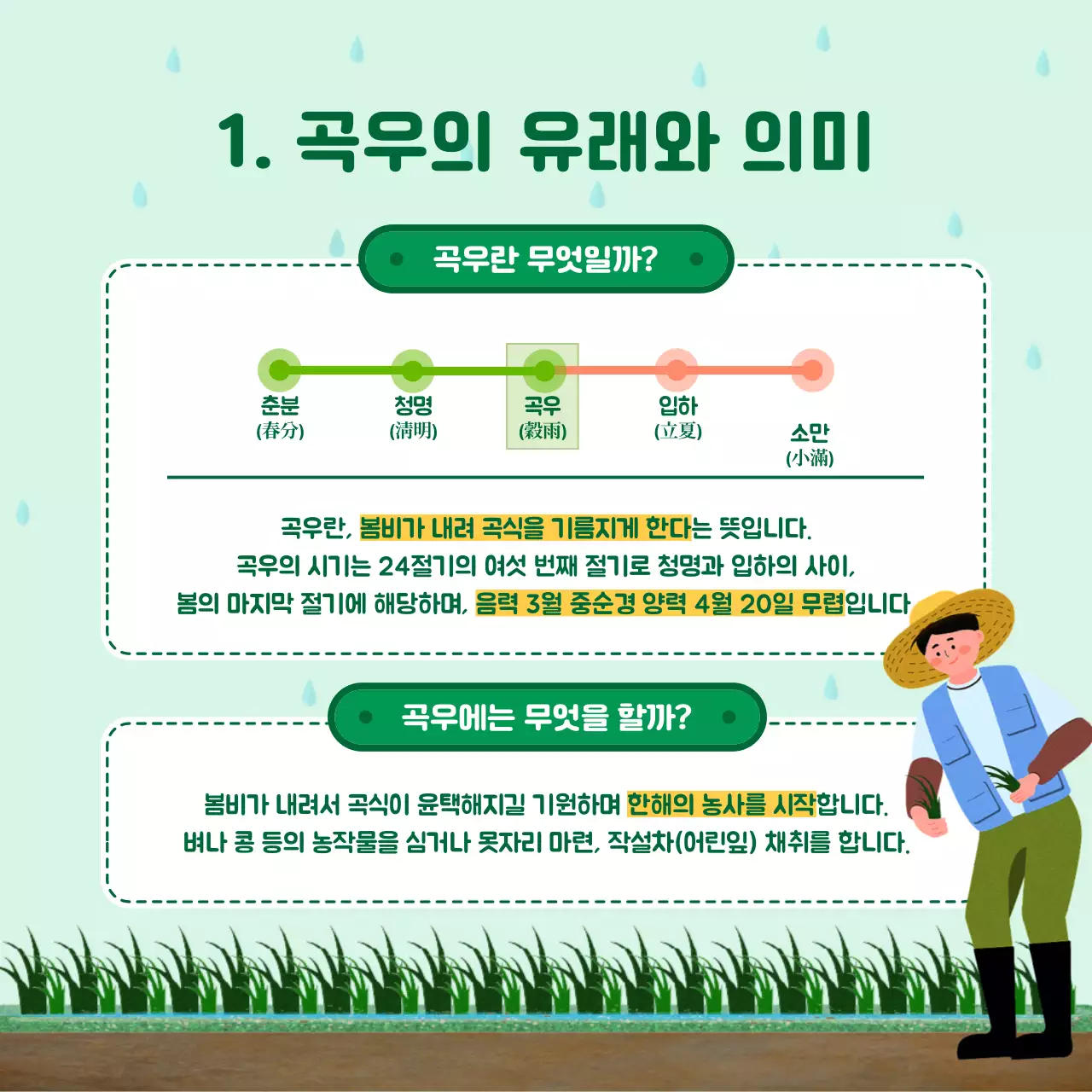 초록색의 귀여운 농촌 일러스트와 곡우 풍습 소개