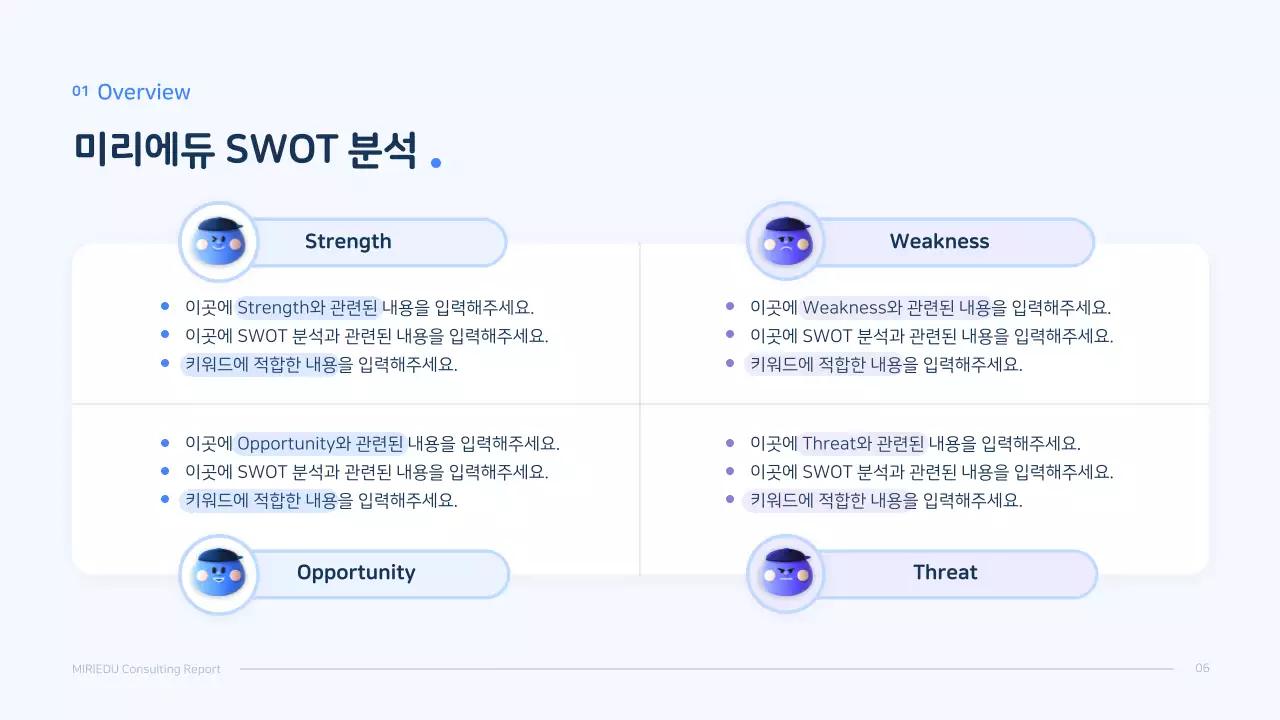 파랑색의 입체캐릭터 깔끔한 컨셉의 컨설팅 보고서