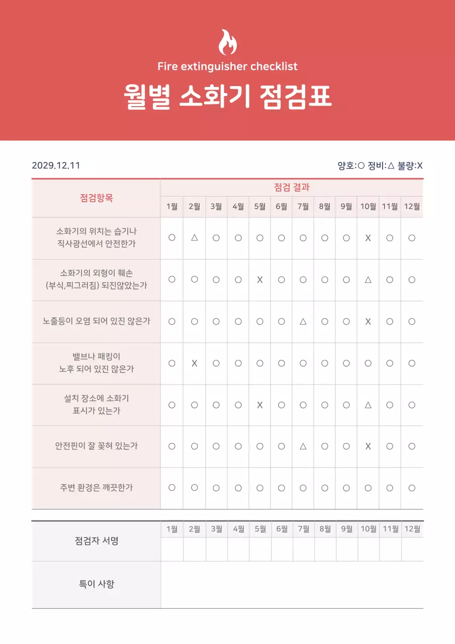 레드와 화이트의 월별 소화기 점검표