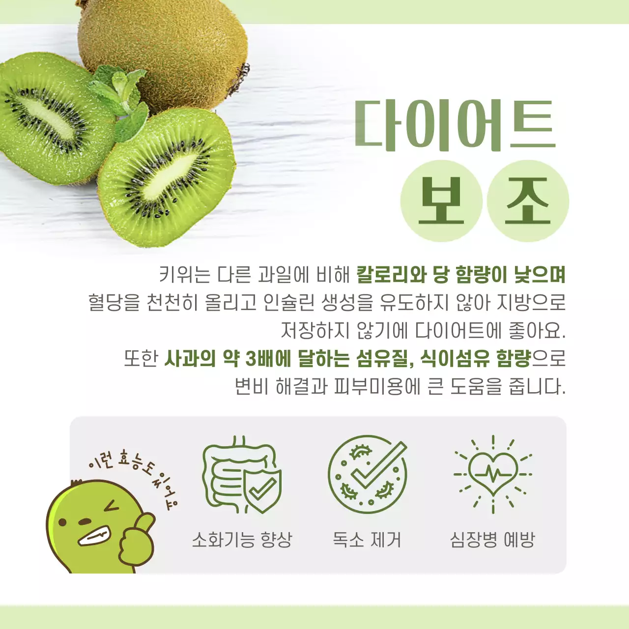 초록색 사진과 캐릭터 조합 깔끔한 컨셉의 키위정보공유 테마
