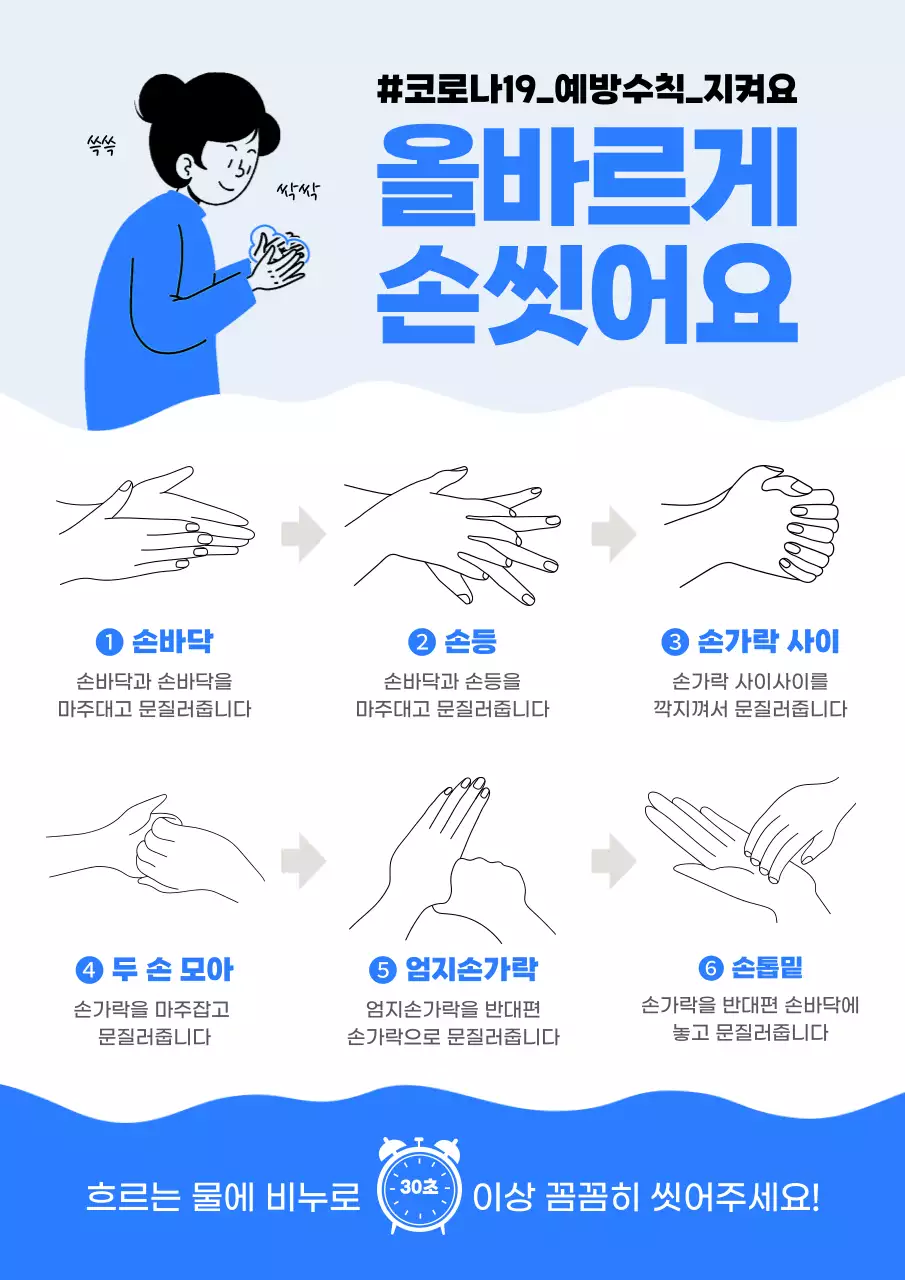 심플한 블루톤의 올바른 손씻기 코로나 예방 수칙 안내문