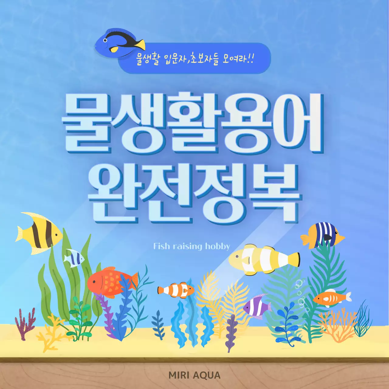 파란색 물결무늬 물고기가 많은 수족관 배경의 물생활 용어사전 카드뉴스