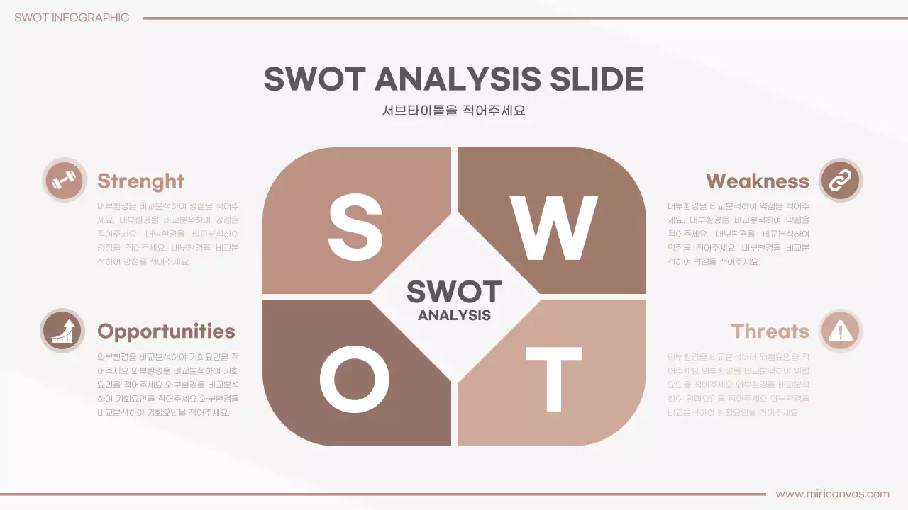 브라운 계열의 심플한 SWOT 분석 인포그래픽