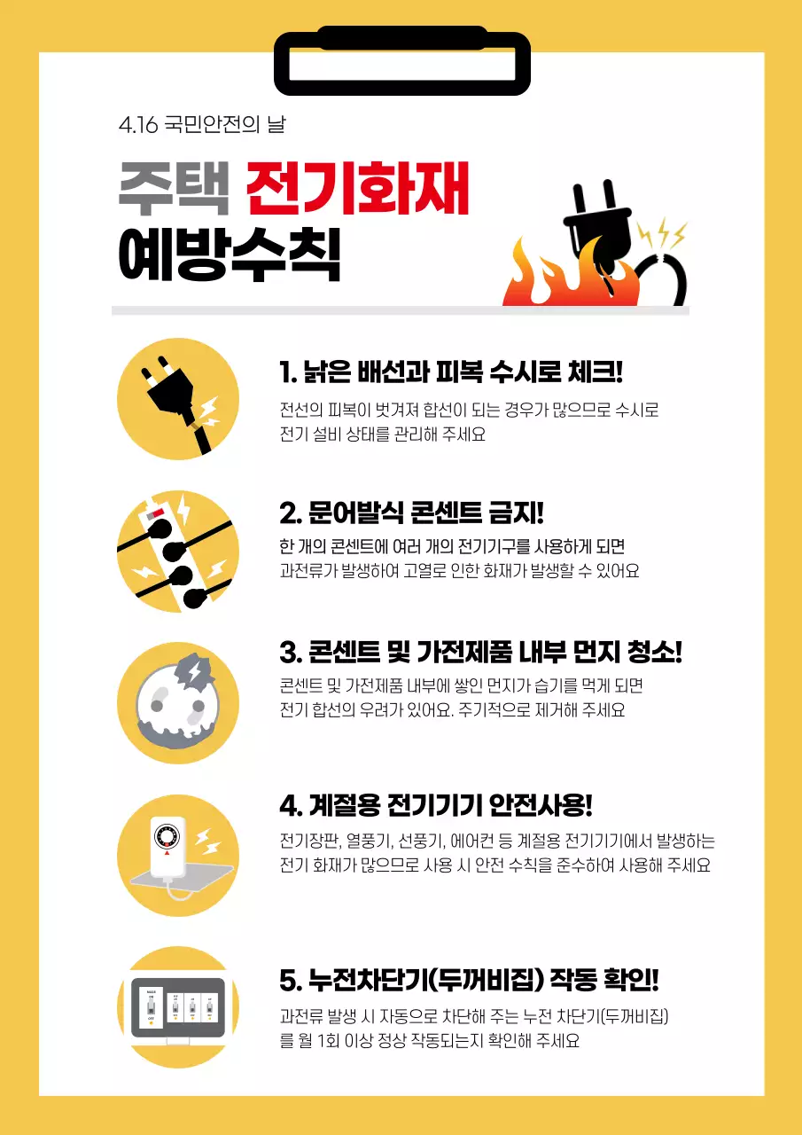 노란색의 주택전기화재 예방수칙