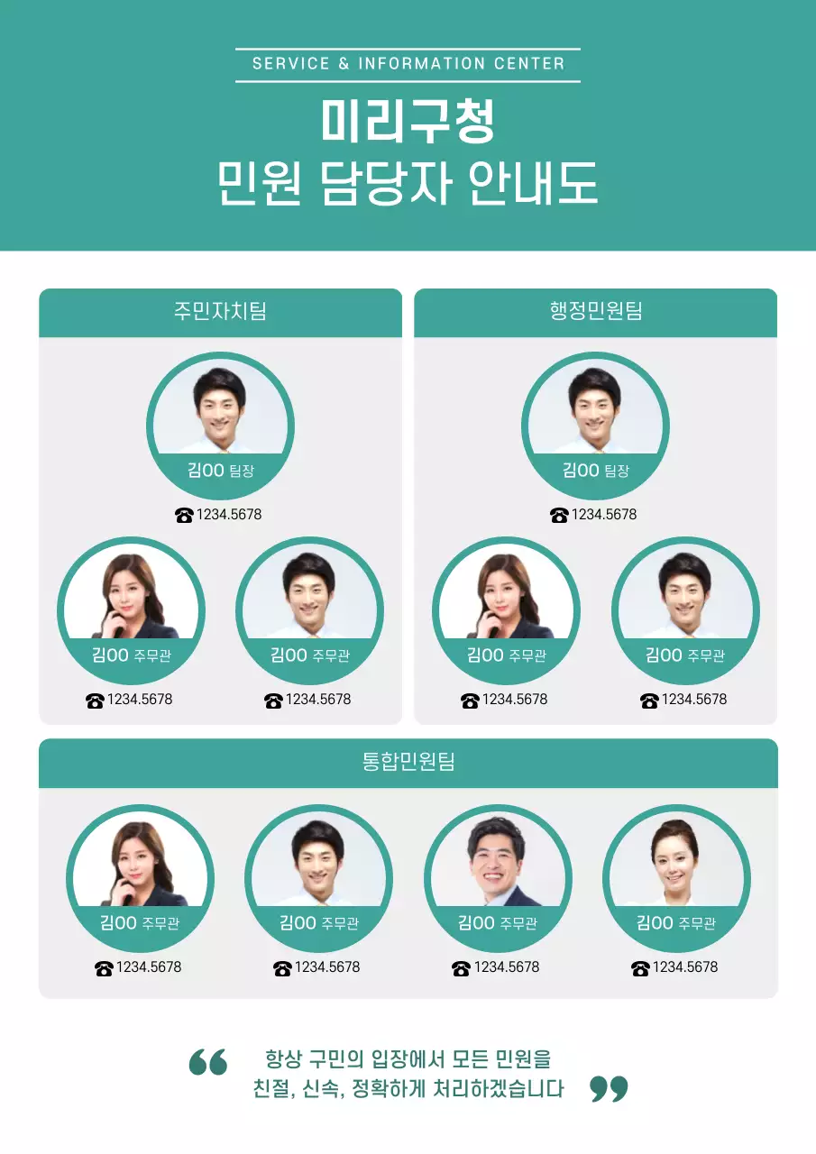 민트색의 구청 민원 담당자 안내도 조직도 양식