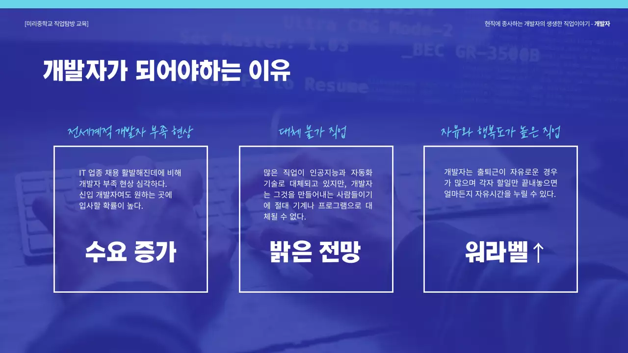 파란색 블루톤의 개발자 직업 탐방 교육
