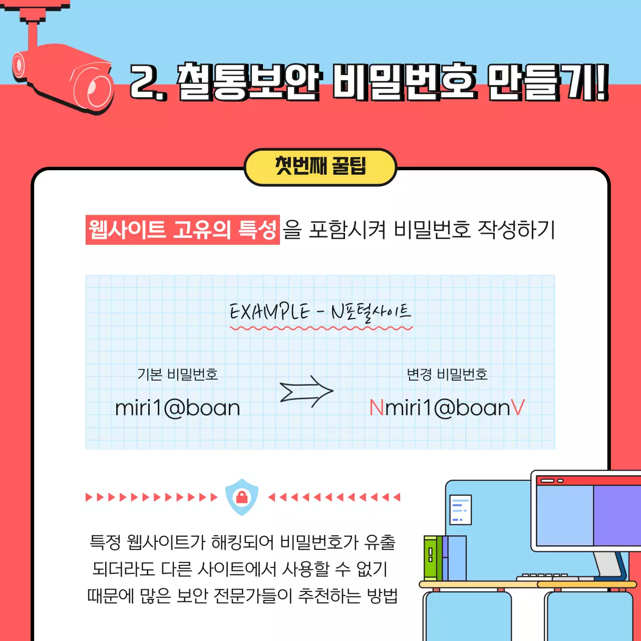 빨간색과 하늘색 일러스트의 안전한 비밀번호 정보 보안 캠페인