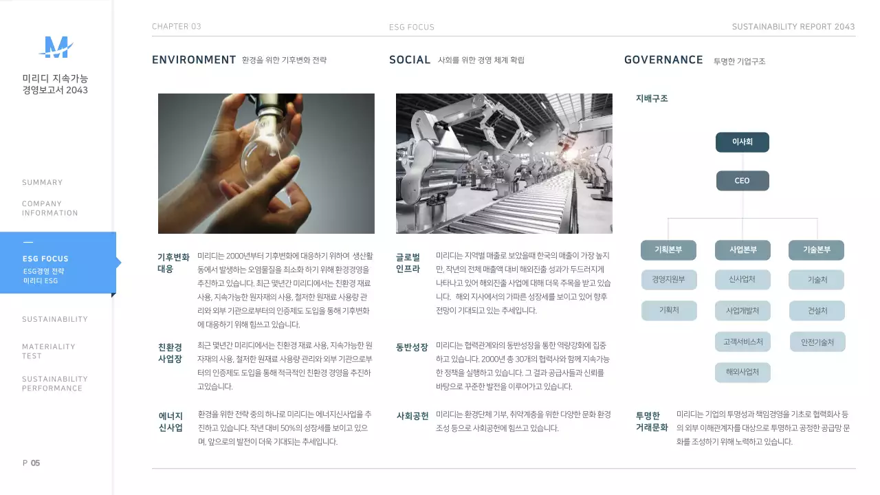 하늘색 깔끔한 기업용 ESG지속가능경영보고서 프레젠테이션 ppt