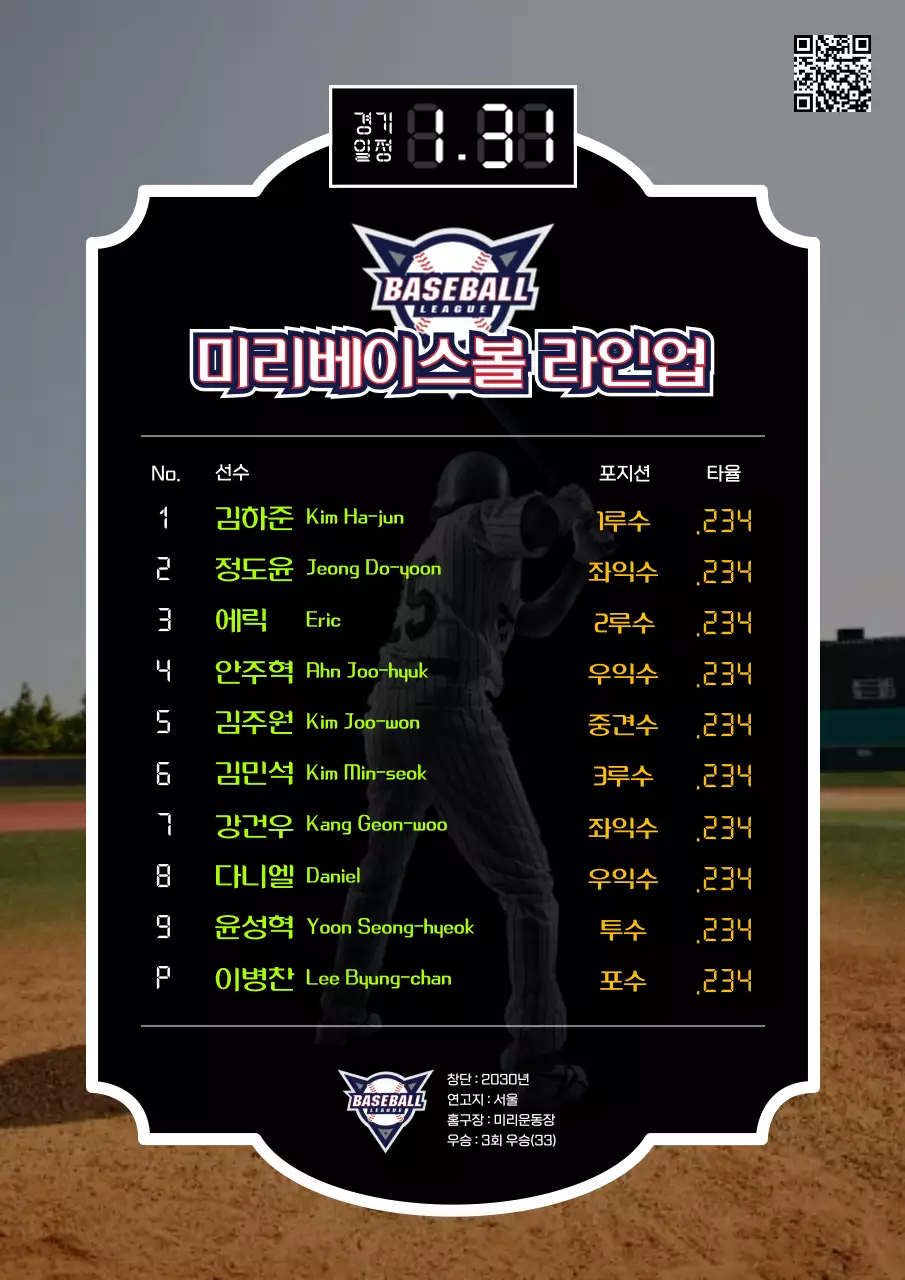 초록색과 노란색의 전광판 컨셉의 야구 선발 라인업