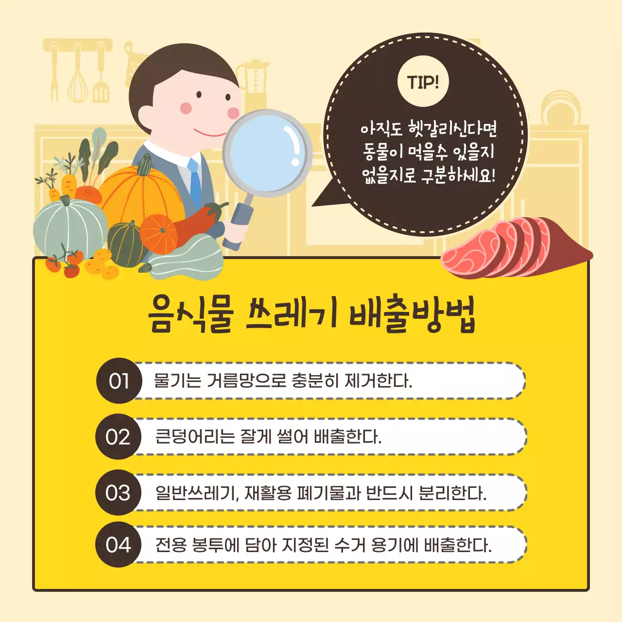 일러스트 강조 음식물 쓰레기 배출 상식 퀴즈