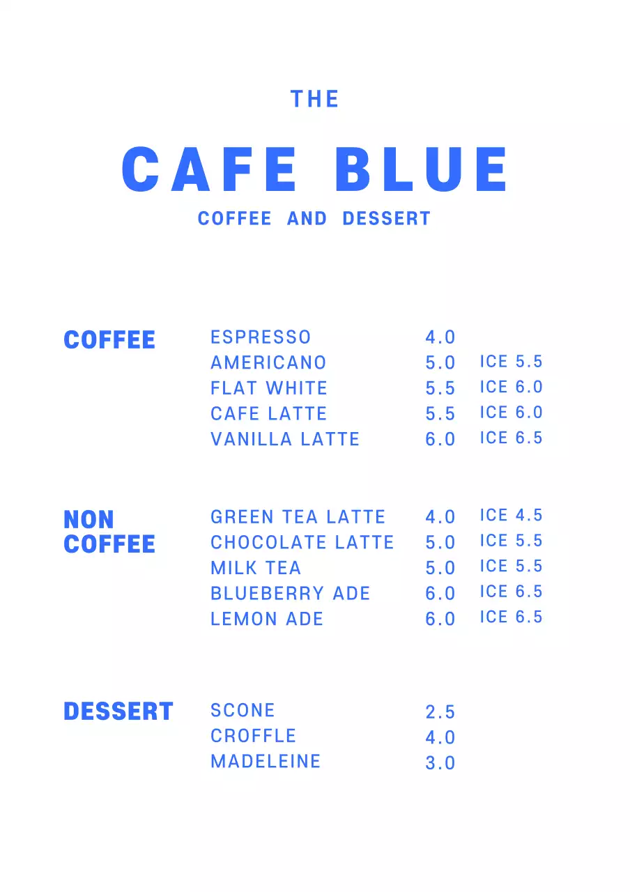 파란색 심플한 카페메뉴판 카페용 아크릴스탠드