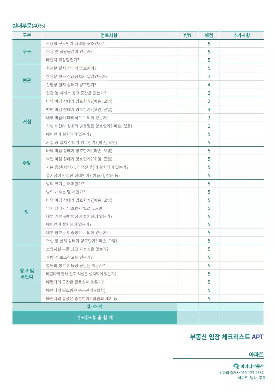 보라 블루 그린 컬러의 아파트 임장 체크 리스트