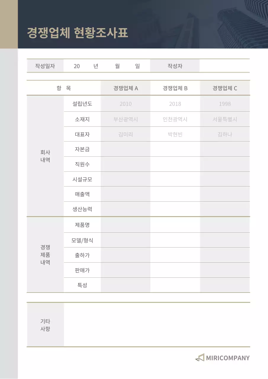 남색금색 경쟁업체 현황조사표 현황조사 비즈니스 문서