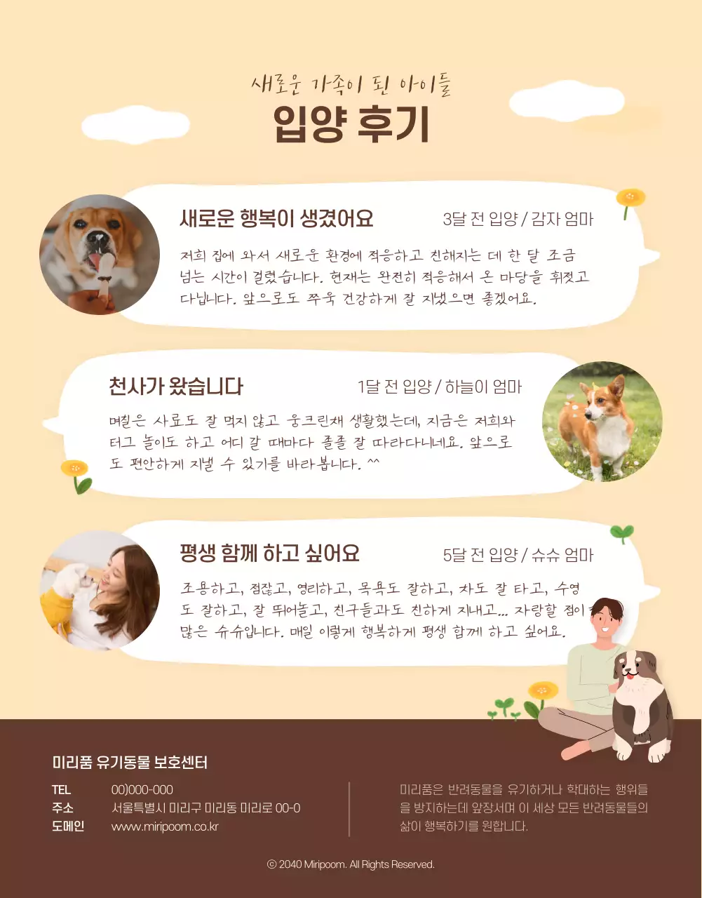 노란색 갈색 톤의 일러스트 입양 공고 상세페이지