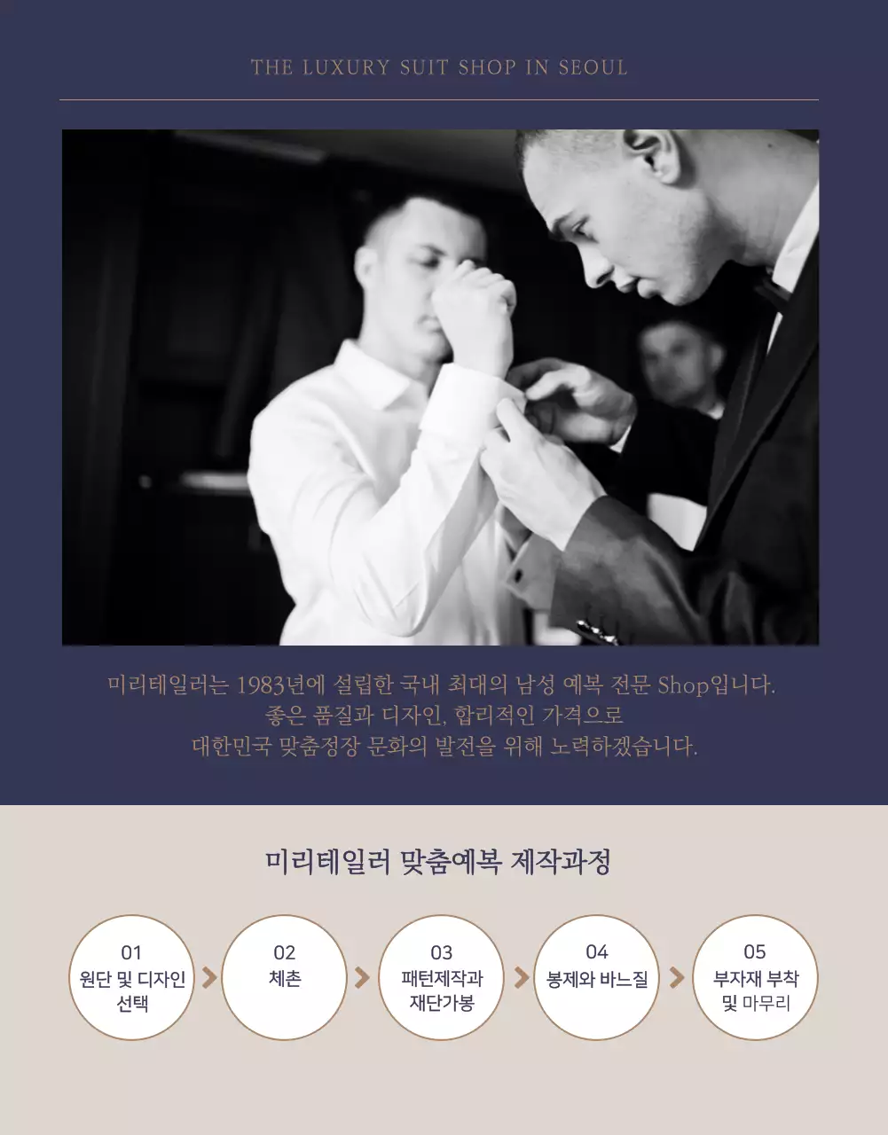 네이비&베이지 예복의 명가 미리테일러 예복 정장 수트 맞춤,대여 전문 쇼핑몰 상세페이지