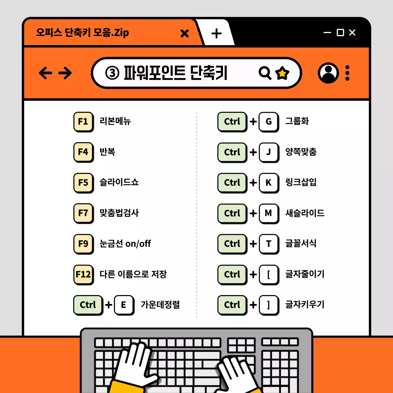 주황색과 회색 일러스트 컨셉의 업무용 오피스 단축키 모음