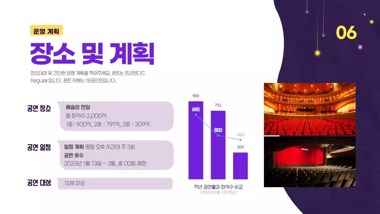 보라색 배경과 별 장식이 돋보이는 창작 뮤지컬 기획안