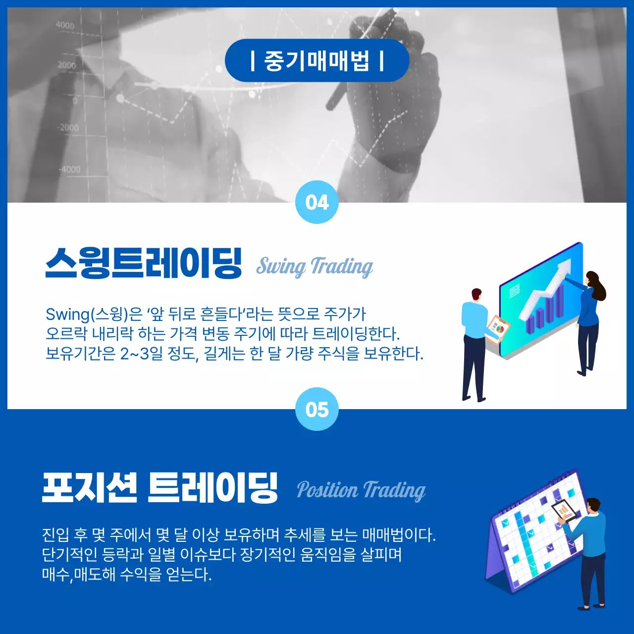 파란색의 일러스트와 사진 강조 주식 매매 용어 정리