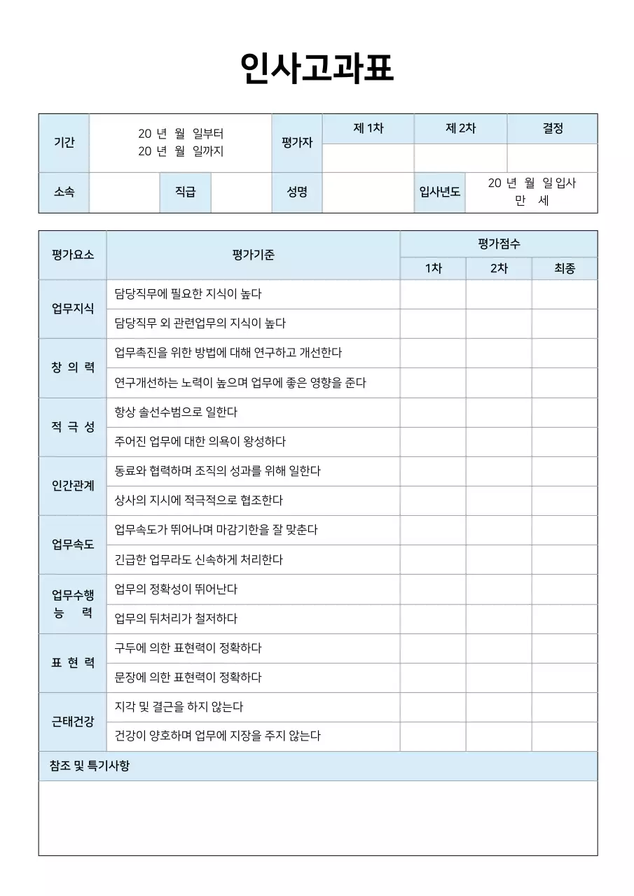 하늘색의 인사고과표 문서