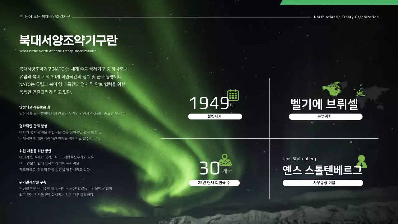 블랙 그린 컬러가 돋보이는 북대서양조약기구 NATO 