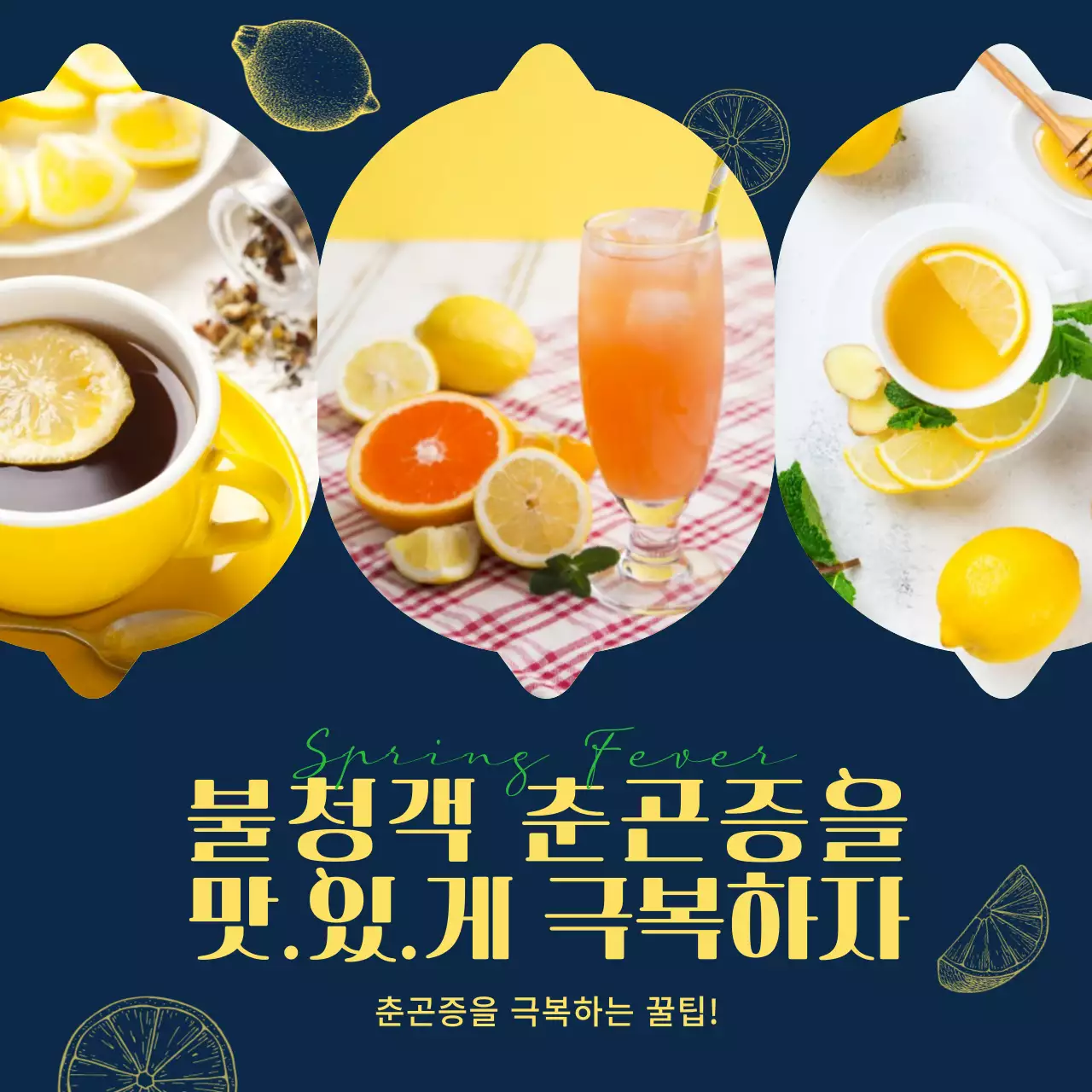 남색과 노란색의 레몬차 이미지 춘곤증 극복 꿀팁