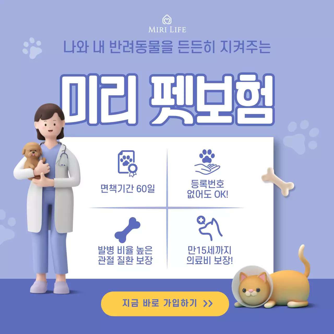 파란색 심플한 펫보험 3D 정사각 소셜미디어