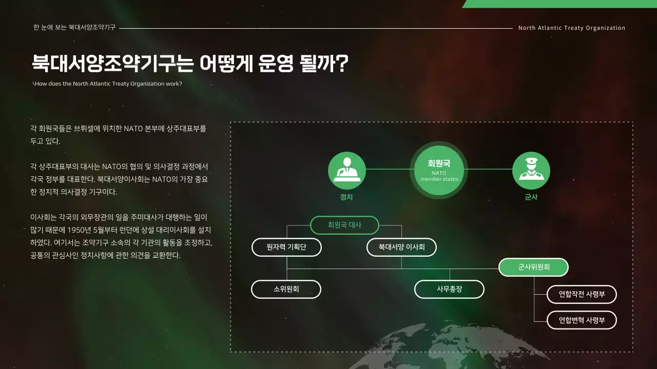 블랙 그린 컬러가 돋보이는 북대서양조약기구 NATO 