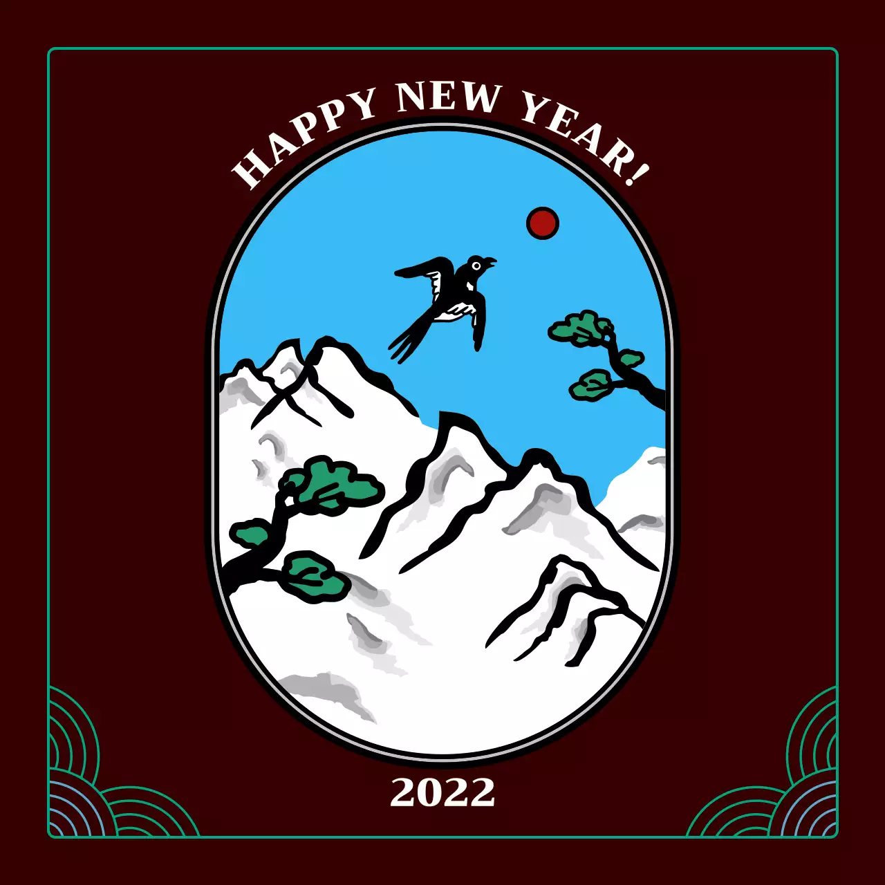 브라운의 뉴트로컨셉의 까치 일러스트의 새해 카드