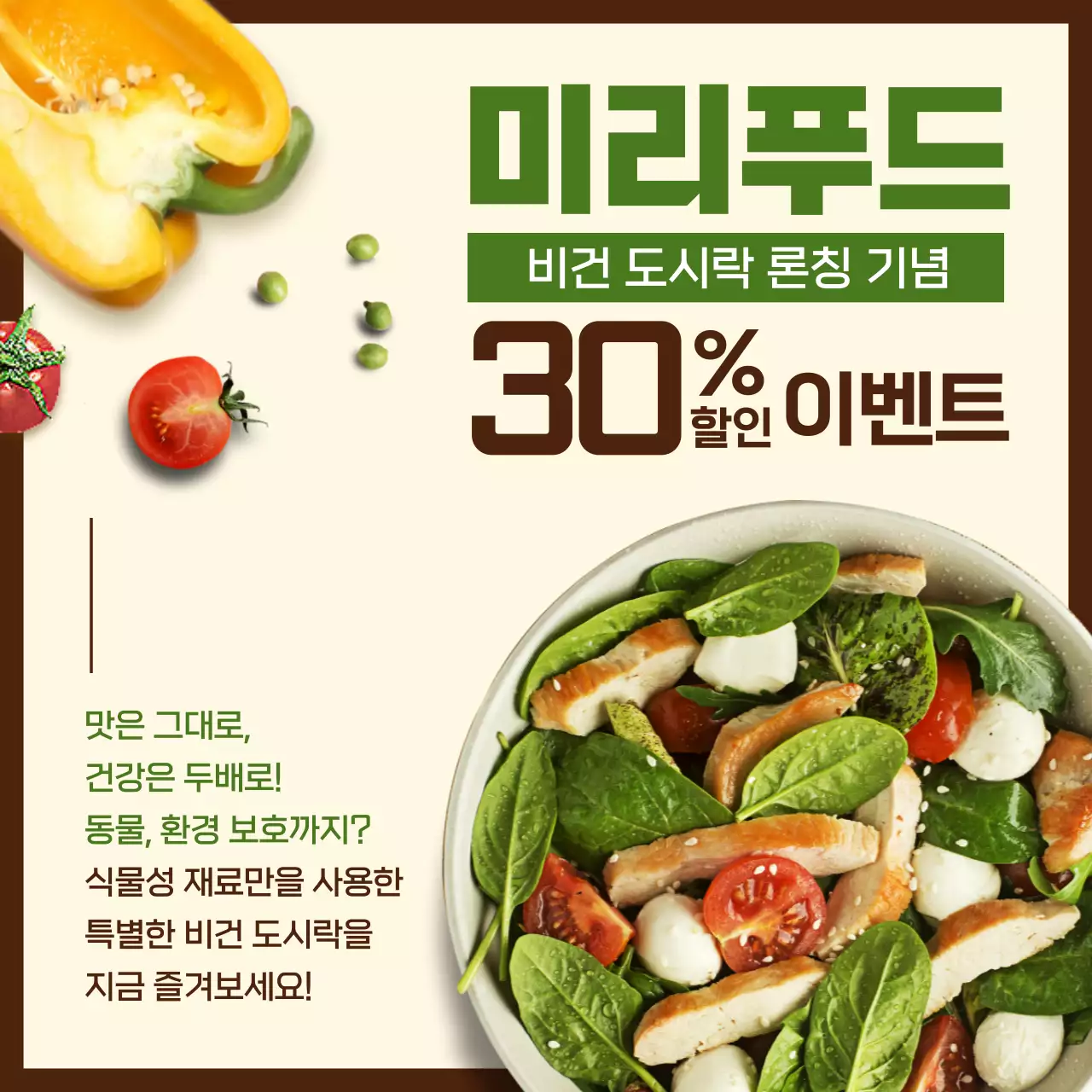 그린과 브라운 톤의 비건 도시락 신메뉴 론칭 할인 이벤트