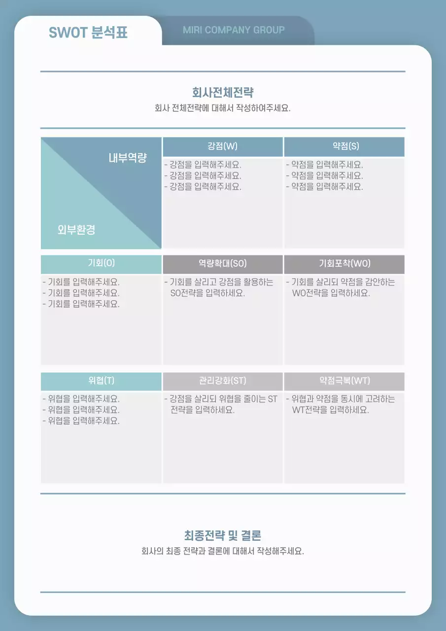 블루와그레이의 파일컨셉의 SWOT분석표