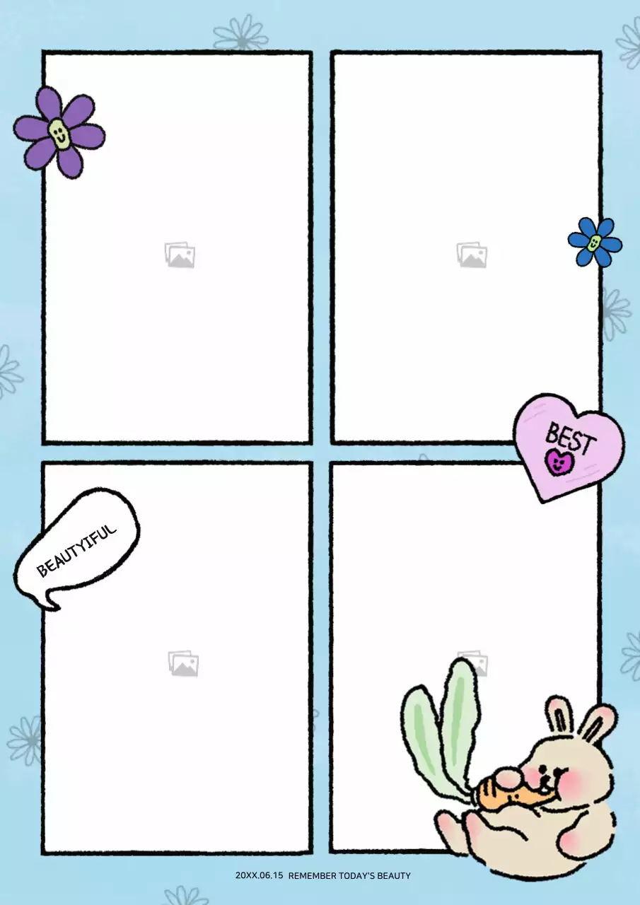 하늘색과 초록색의 귀여운 수채화 일러스트 네컷사진 프레임