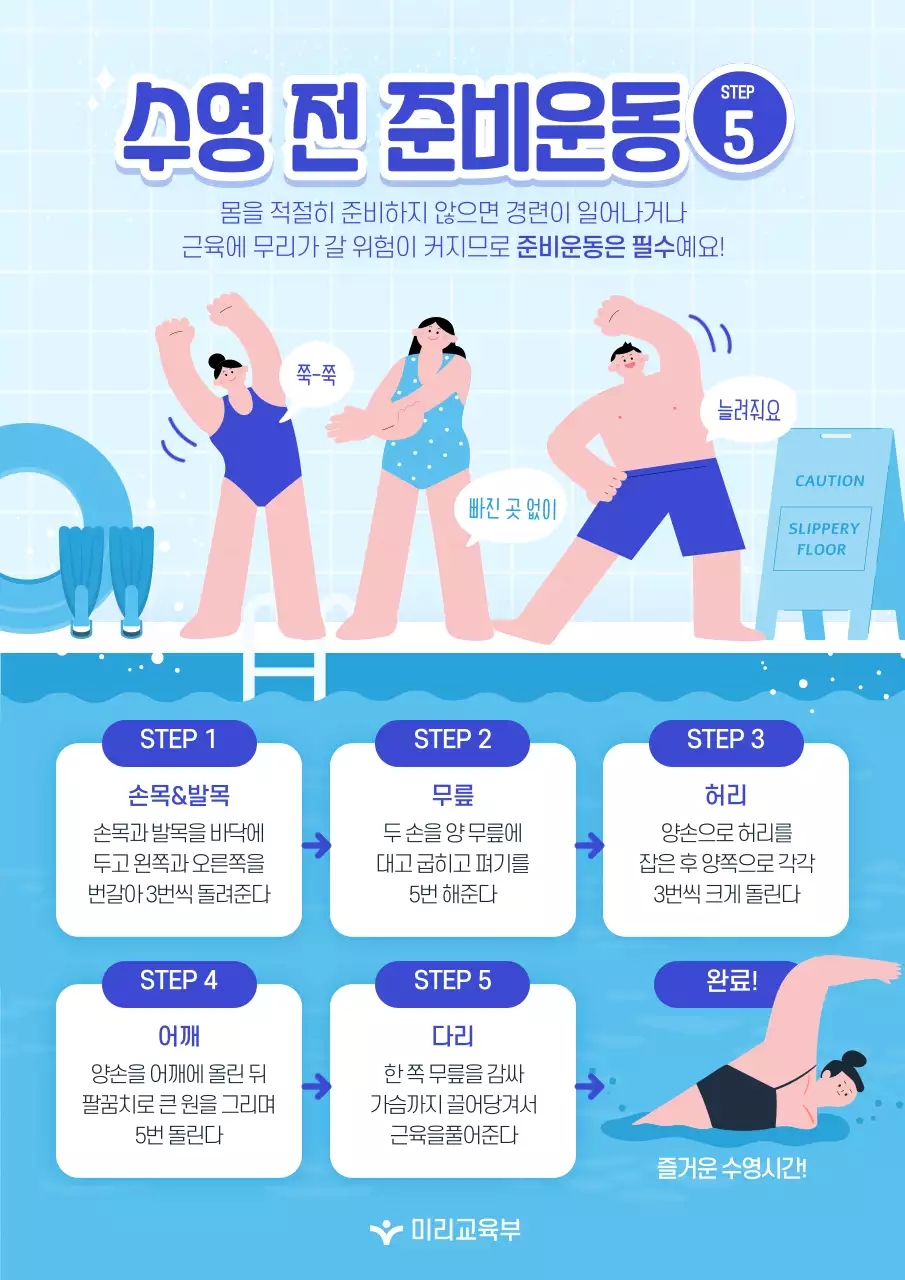파란색의 일러스트 수영 전 준비운동 웹포스터