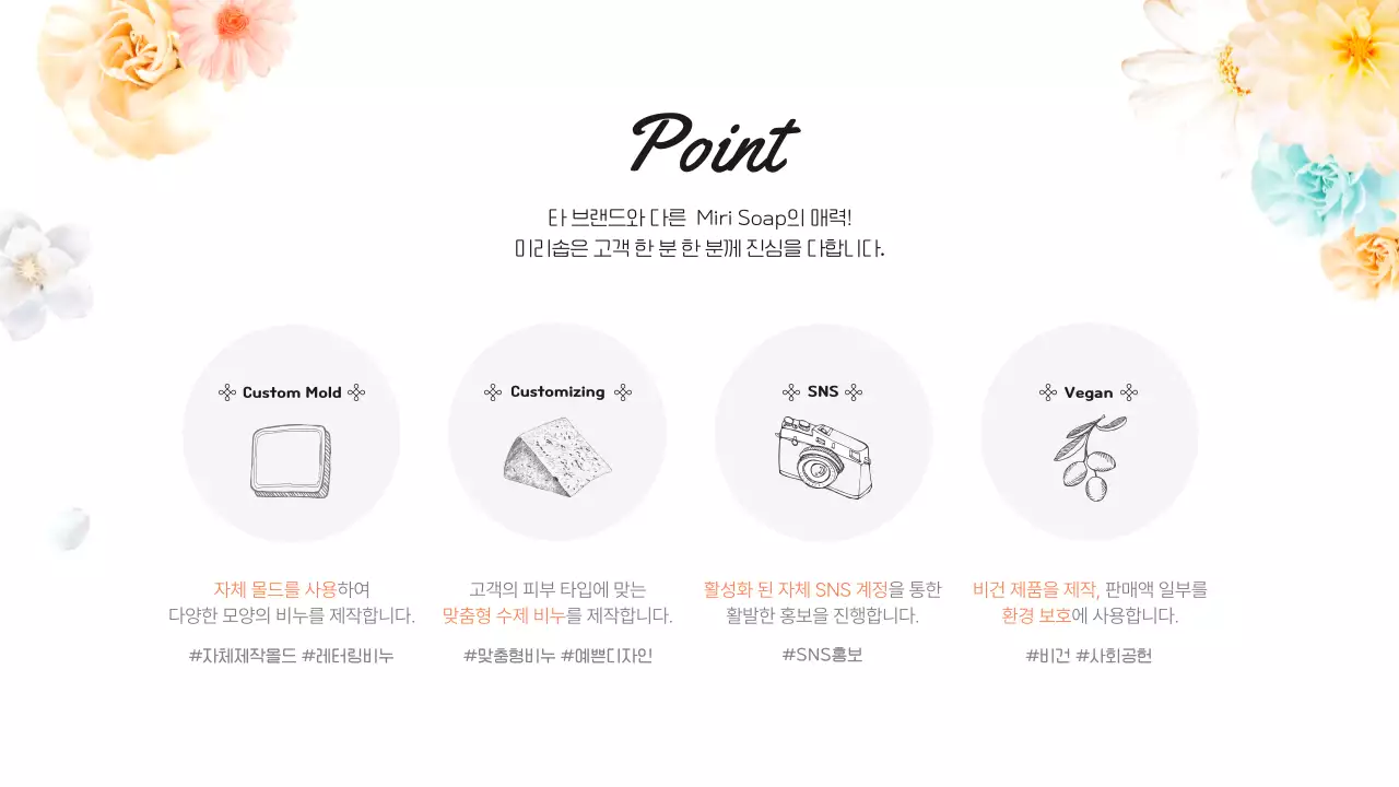 흰색과 주황색의 감성적인 수제 비누 브랜드 플랫폼 입점용 회사소개서  