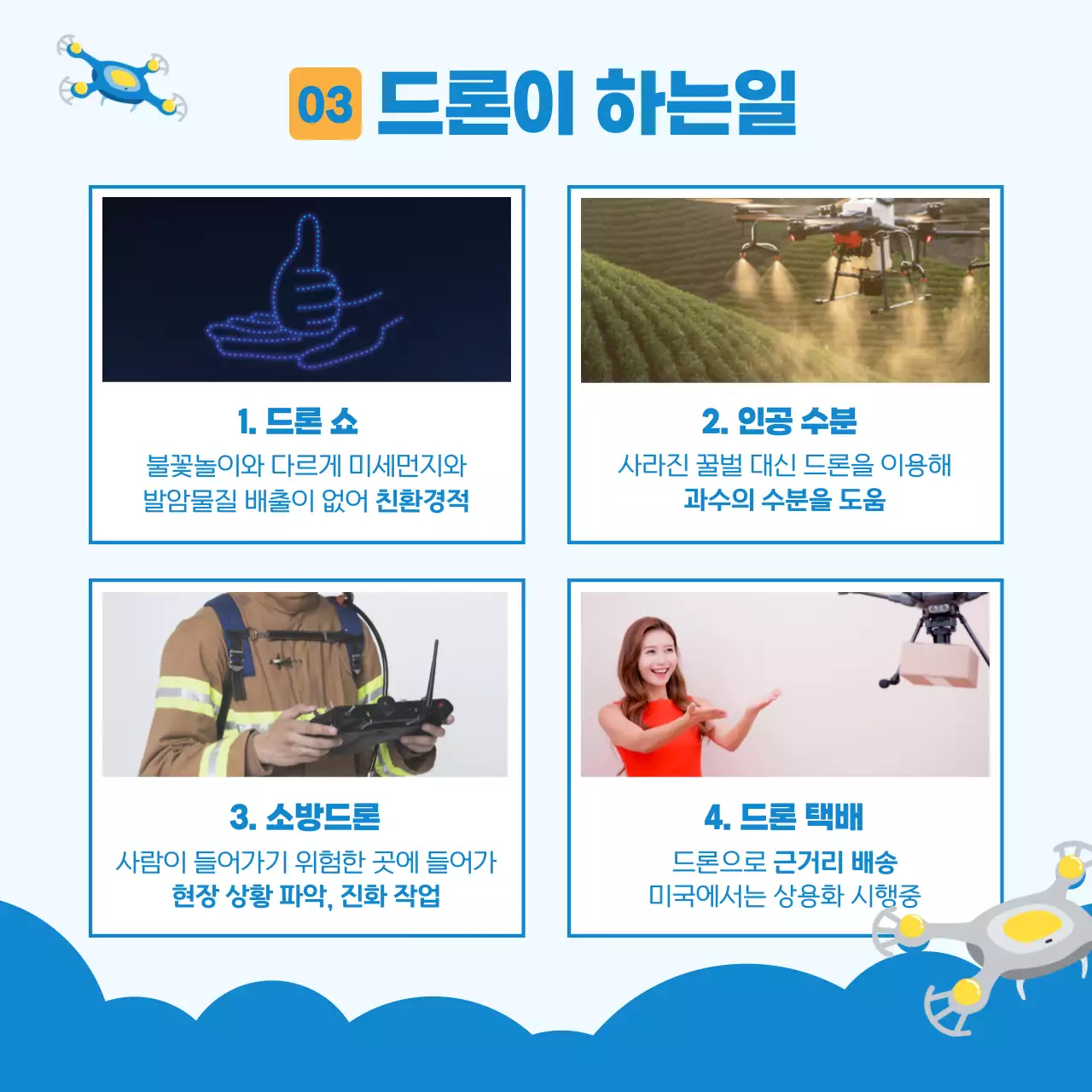 파란색 하얀색 분위기의 드론의세계 카드뉴스 디자인