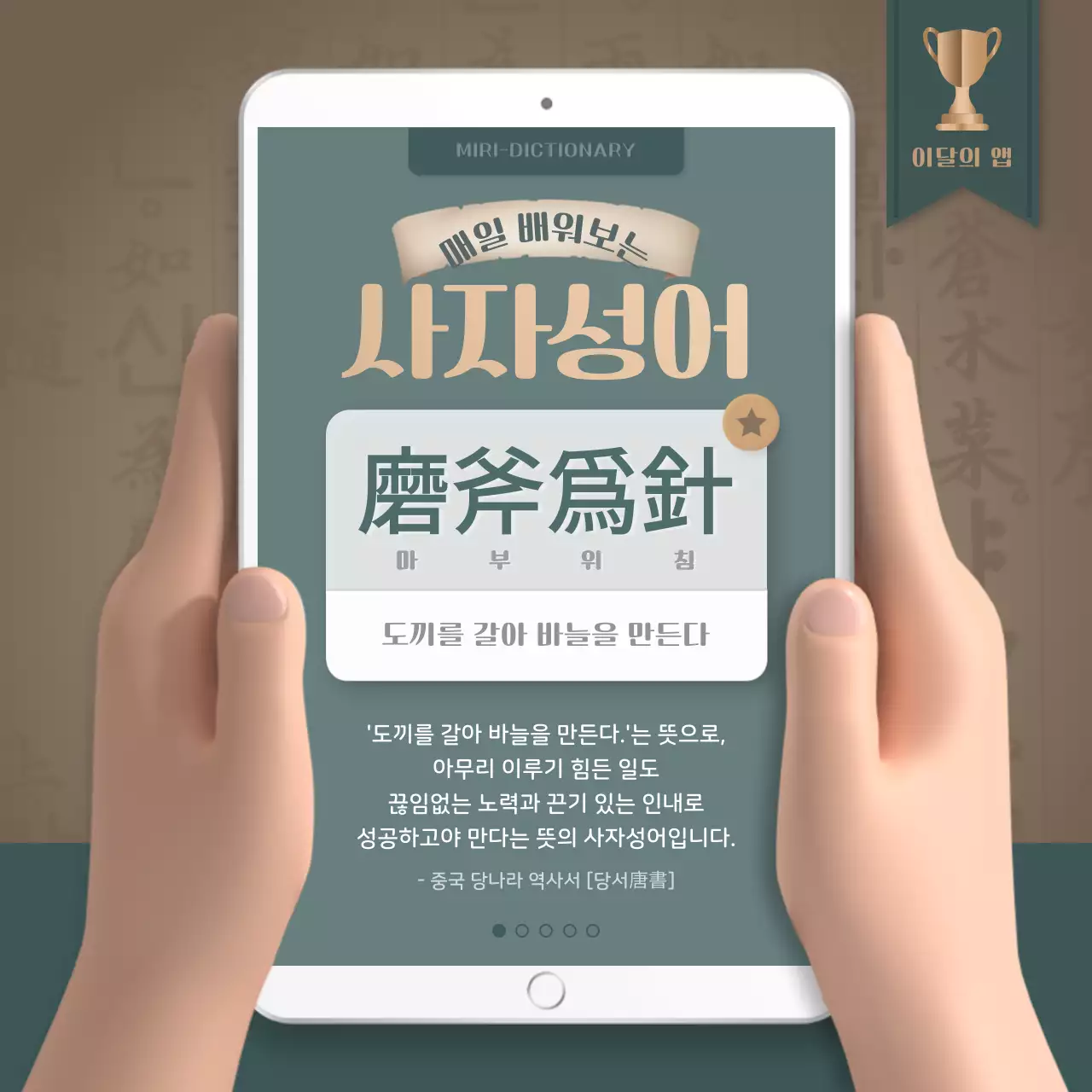 갈색과 초록색의 입체적인 3D 사자성어 공부 앱