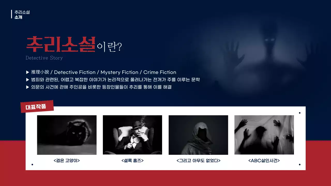 남색과 빨강의 빈티지한 추리소설 장르 발표자료